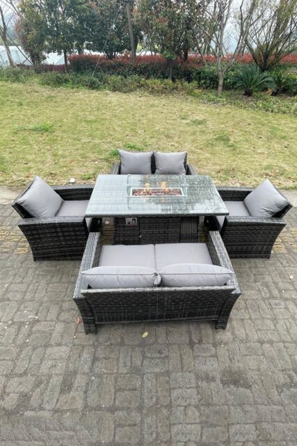 Fimous Rattan Outdoor Furniture Gas Fire Pit Rectangle Dining Table Gas Heater Chairs Sofa Sets 6 Seater in Dark Grey