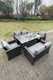 Fimous Rattan Outdoor Furniture Gas Fire Pit Rectangle Dining Table Gas Heater Chairs Sofa Sets 6 Seater in Dark Grey - thumbnail 3