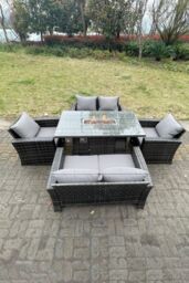 Fimous Rattan Outdoor Furniture Gas Fire Pit Rectangle Dining Table Gas Heater Chairs Sofa Sets 6 Seater in Dark Grey - thumbnail 4