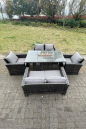 Fimous Rattan Outdoor Furniture Gas Fire Pit Rectangle Dining Table Gas Heater Chairs Sofa Sets 6 Seater in Dark Grey - thumbnail 1