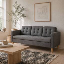 Wyld Haus Grey Fabric 3 Seater Sofa Hidden Storage Tufted Seat & Wooden Legs - thumbnail 1