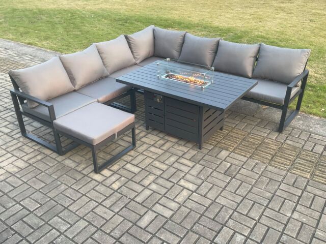 Fimous Aluminium 7 Pieces Garden Furniture Corner Sofa Set with Cushions Gas Fire Pit Dining Table Set Gas Heater Burner with Big Footstool
