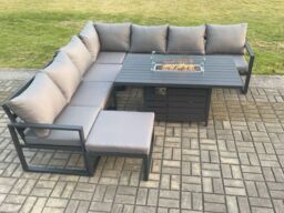 Fimous Aluminium 7 Pieces Garden Furniture Corner Sofa Set with Cushions Gas Fire Pit Dining Table Set Gas Heater Burner with Big Footstool - thumbnail 2