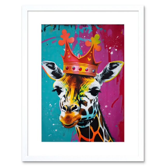 "Artery8 Wall Art Print King Queen Giraffe Wearing a Crown Modern Pop Artwork Framed 9X7 Inch in White - Size: W7"" x H9""" - image 1