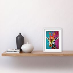 "Artery8 Wall Art Print King Queen Giraffe Wearing a Crown Modern Pop Artwork Framed 9X7 Inch in White - Size: W7"" x H9""" - thumbnail 2