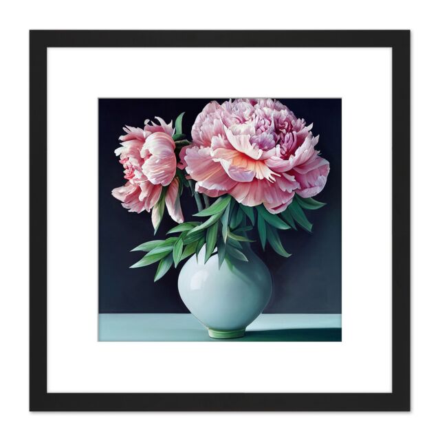 Artery8 Vase Pink Peony Flowers Floral Bloom Still Life Painting Illustration Pink Square Wooden Framed Wall Art Print Picture 8X8 Inch in Black - image 1