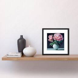 Artery8 Vase Pink Peony Flowers Floral Bloom Still Life Painting Illustration Pink Square Wooden Framed Wall Art Print Picture 8X8 Inch in Black - thumbnail 2