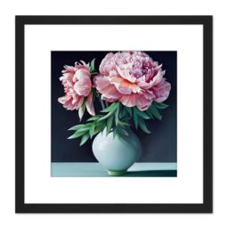 Artery8 Vase Pink Peony Flowers Floral Bloom Still Life Painting Illustration Pink Square Wooden Framed Wall Art Print Picture 8X8 Inch in Black - thumbnail 1