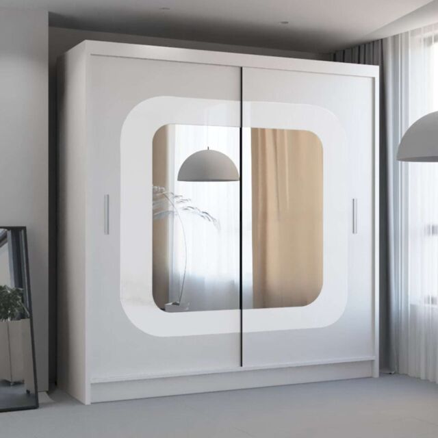 MN Furniture Wardrobe with Sliding Door-Mirror & LED Light 150cmx217cm in White - Size: 150 cmx217 cm - image 1