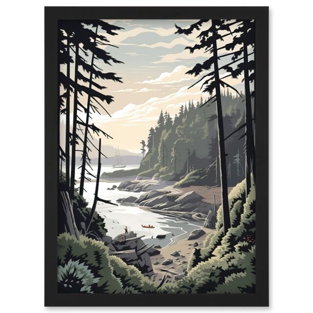 Artery8 Great Bear Rainforest Hikers Coastal Landscape Artwork Framed Wall Art Print A4 in Black - image 1