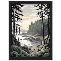 Artery8 Great Bear Rainforest Hikers Coastal Landscape Artwork Framed Wall Art Print A4 in Black - thumbnail 1