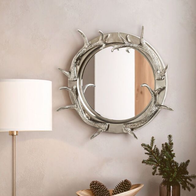 Orsina Antler Steel & Nicklel Finish Wall Mirror, Round Wall Mirror with Texture, Decorative Wall Mirror in Silver - image 1