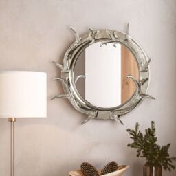 Orsina Antler Steel & Nicklel Finish Wall Mirror, Round Wall Mirror with Texture, Decorative Wall Mirror in Silver