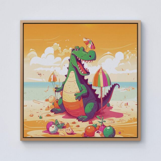 Warren Reed - Designer Crocodile On A Beach Holiday Framed Canvas in Light Brown - Size: w40 inch x h40 inch - image 1