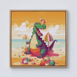 Warren Reed - Designer Crocodile On A Beach Holiday Framed Canvas in Light Brown - Size: w40 inch x h40 inch - thumbnail 1