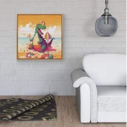 Warren Reed - Designer Crocodile On A Beach Holiday Framed Canvas in Light Brown - Size: w40 inch x h40 inch - thumbnail 2