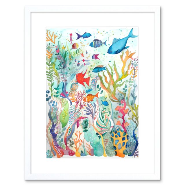 "Artery8 Wall Art Print Aquatic Scene Marine Life Folk Art Watercolour Painting Artwork Framed 9X7 Inch in White - Size: W7"" x H9""" - image 1