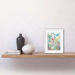 "Artery8 Wall Art Print Aquatic Scene Marine Life Folk Art Watercolour Painting Artwork Framed 9X7 Inch in White - Size: W7"" x H9""" - thumbnail 2