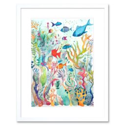 "Artery8 Wall Art Print Aquatic Scene Marine Life Folk Art Watercolour Painting Artwork Framed 9X7 Inch in White - Size: W7"" x H9""" - thumbnail 1
