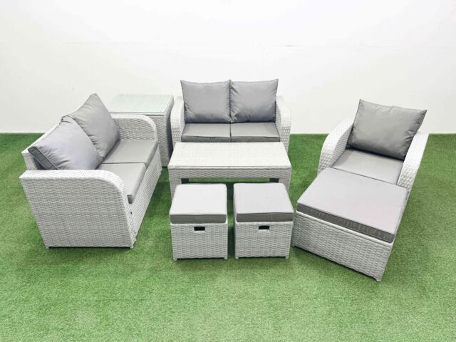 Fimous High Back Poly Rattan Garden Furniture Set w/ Reclining Chair Loveseat Sofa Oblong Coffee Table Indoor Outdoor Patio Set 3 Stools Side Table - image 1