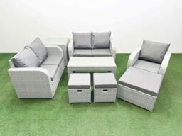 Fimous High Back Poly Rattan Garden Furniture Set w/ Reclining Chair Loveseat Sofa Oblong Coffee Table Indoor Outdoor Patio Set 3 Stools Side Table - thumbnail 2
