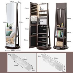 Gymax 360° Rotating Jewelry Armoire with Full Length Mirror 3-Color Lighting in Dark Brown - thumbnail 4