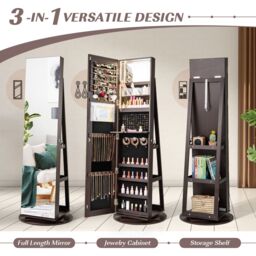 Gymax 360° Rotating Jewelry Armoire with Full Length Mirror 3-Color Lighting in Dark Brown - thumbnail 3
