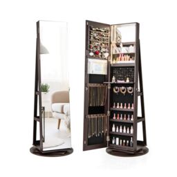 Gymax 360° Rotating Jewelry Armoire with Full Length Mirror 3-Color Lighting in Dark Brown - thumbnail 1