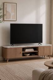 IH Design Upton Natural Marble Mango Wood Large TV Cabinet Taupe in Brown