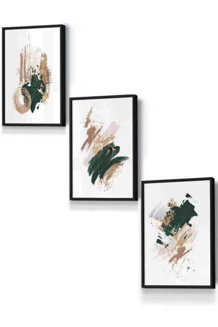 ARTZE Abstract Green Beige & Gold Oil Strokes Framed Wall Art - Small in Black - Size: W33 cm x H45 cm x D20mm - image 1