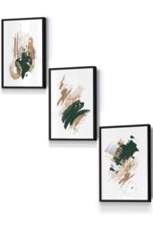 ARTZE Abstract Green Beige & Gold Oil Strokes Framed Wall Art - Small in Black - Size: W33 cm x H45 cm x D20mm