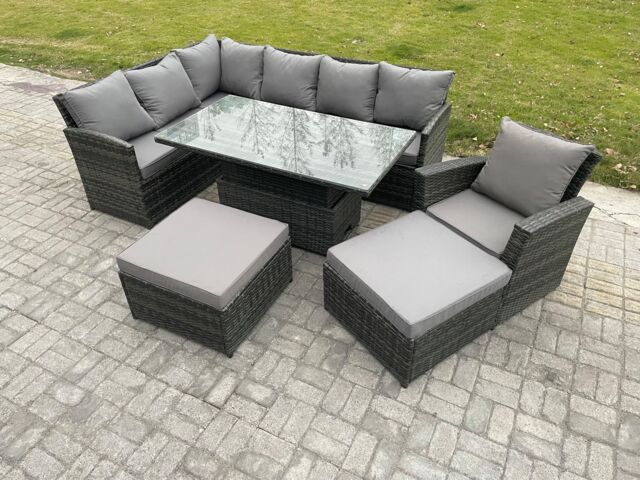Fimous Outdoor Garden Furniture Set Wicker PE Rattan Height Adjustable Rising Lifting Table Sofa Dining Set with 2 Big Footstool Armchair in Dark Grey - image 1