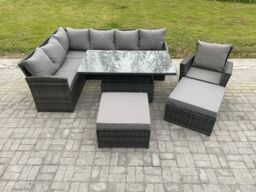 Fimous Outdoor Garden Furniture Set Wicker PE Rattan Height Adjustable Rising Lifting Table Sofa Dining Set with 2 Big Footstool Armchair in Dark Grey - thumbnail 2