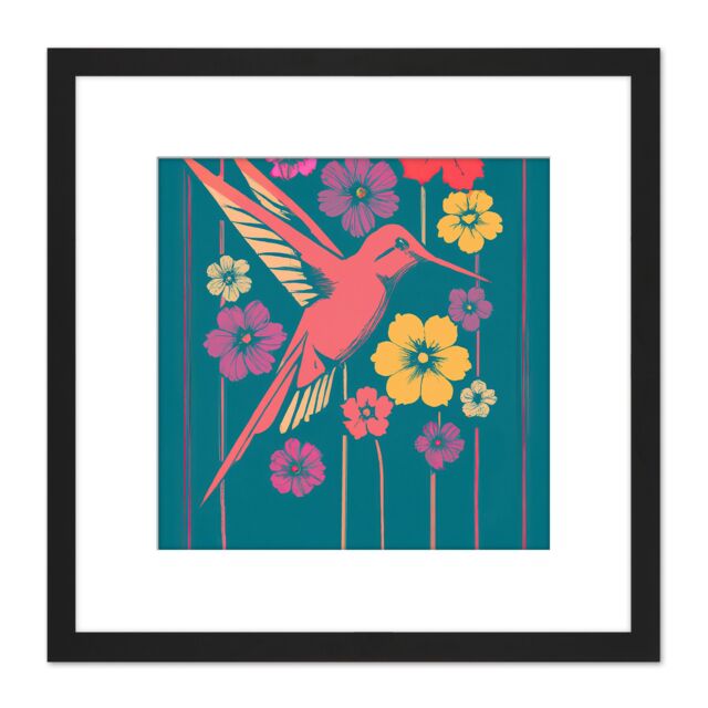 Artery8 Coral Pink Hummingbird Yellow Purple Red Flowers Painting Square Wooden Framed Wall Art Print Picture 8X8 Inch in Black - image 1