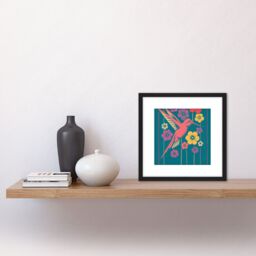 Artery8 Coral Pink Hummingbird Yellow Purple Red Flowers Painting Square Wooden Framed Wall Art Print Picture 8X8 Inch in Black - thumbnail 2