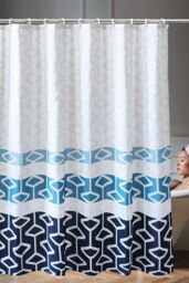 Neel Blue Abstract Geometric Navy Blue & White Bathroom Shower Curtain with 12 Hooks - Size: 180 cm width x 200 cm drop - thumbnail 6