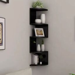 VOGREX Wooden Corner Shelves 5 Tier Floating Wall Mount Storage UK in Black - thumbnail 4
