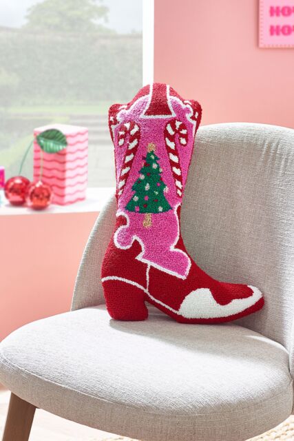 Catherine Lansfield 'Santa's Howdy Christmas' Boot Boucle 3D Shaped Cushion in Pink - image 1