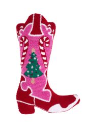 Catherine Lansfield 'Santa's Howdy Christmas' Boot Boucle 3D Shaped Cushion in Pink - thumbnail 3