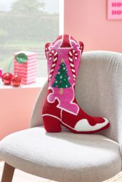 Catherine Lansfield 'Santa's Howdy Christmas' Boot Boucle 3D Shaped Cushion in Pink - thumbnail 1