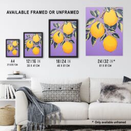 Artery8 Wall Art Print Lemon Tree Branch Vibrant Yellow Purple Green Kitchen Artwork Framed - Size: A4 - thumbnail 3