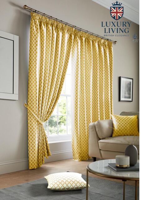 Luxury Living Modern Geometric Two-Tone Jacquard Lined Pencil Pleat Taped Curtains in Yellow - Size: 117 cm width x 229 cm drop - image 1