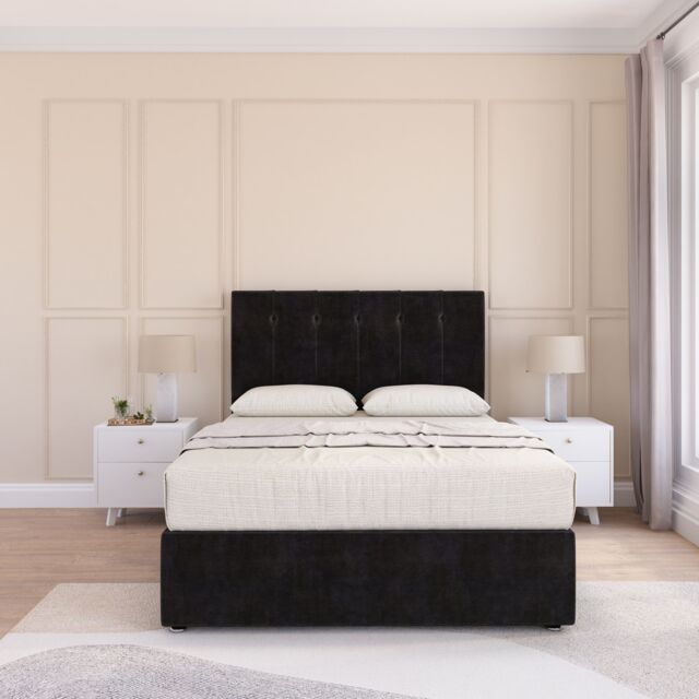 Sloomy Highbury Plush Velvet Memory Foam Bed Set With No Drawers, Mattress & Headboard in Black - Size: Double - image 1