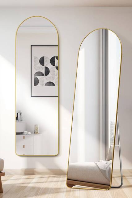 Living and Home Modern Arched Metal Floor Mirror in Gold - image 1