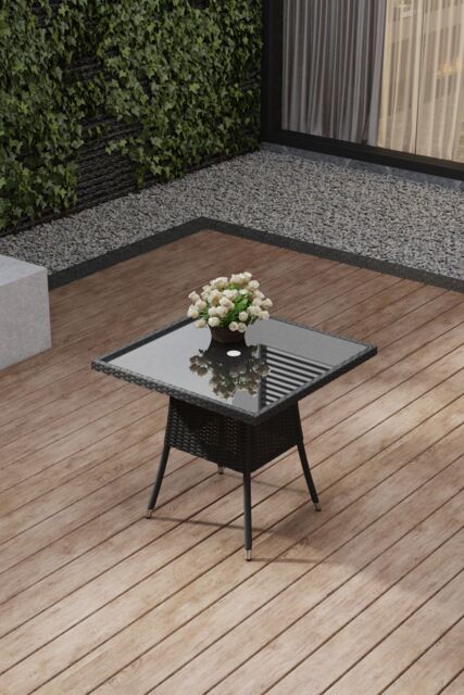 Living and Home Garden Wicker Tempered Glass 4 Seater Dining Table with Parasol Hole in Black - image 1