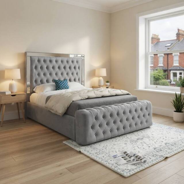 KDMD Reigate Mirror Upholstered Grey Soft Velvet Designer Bed Frame - Size: Small Double - image 1