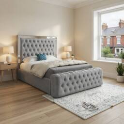 KDMD Reigate Mirror Upholstered Grey Soft Velvet Designer Bed Frame - Size: Small Double - thumbnail 1