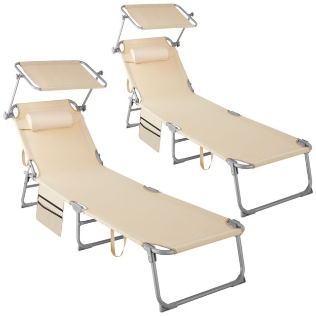 tectake Set of 2 Sun Loungers - foldable, adjustable sun canopy in Beige - Size: 1 Seater