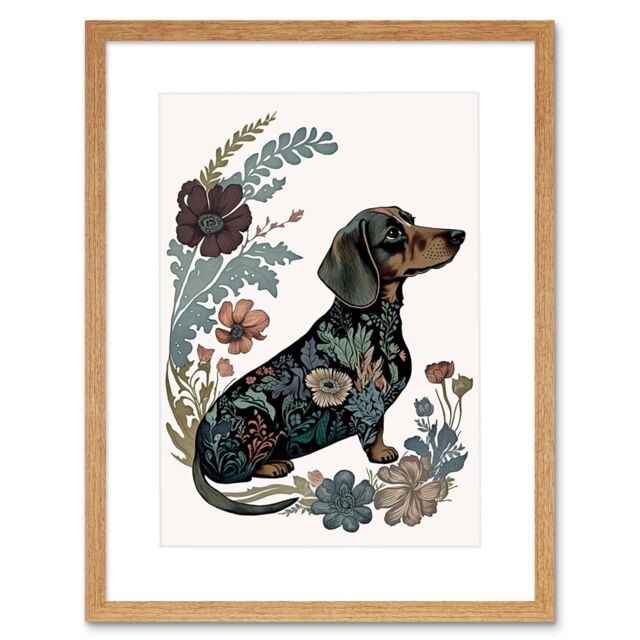 "Artery8 Wall Art Print Dachshund Shorthaired Dog with Floral Patterns Colourful Modern Artwork Framed 9X7 Inch in Beige - Size: W7"" x H9""" - image 1