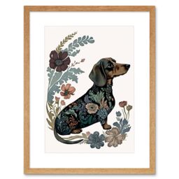 "Artery8 Wall Art Print Dachshund Shorthaired Dog with Floral Patterns Colourful Modern Artwork Framed 9X7 Inch in Beige - Size: W7"" x H9""" - thumbnail 1